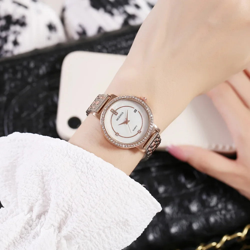 Creative Quartz Temperament Diamond-encrusted Calendar Steel Belt Women's Watch