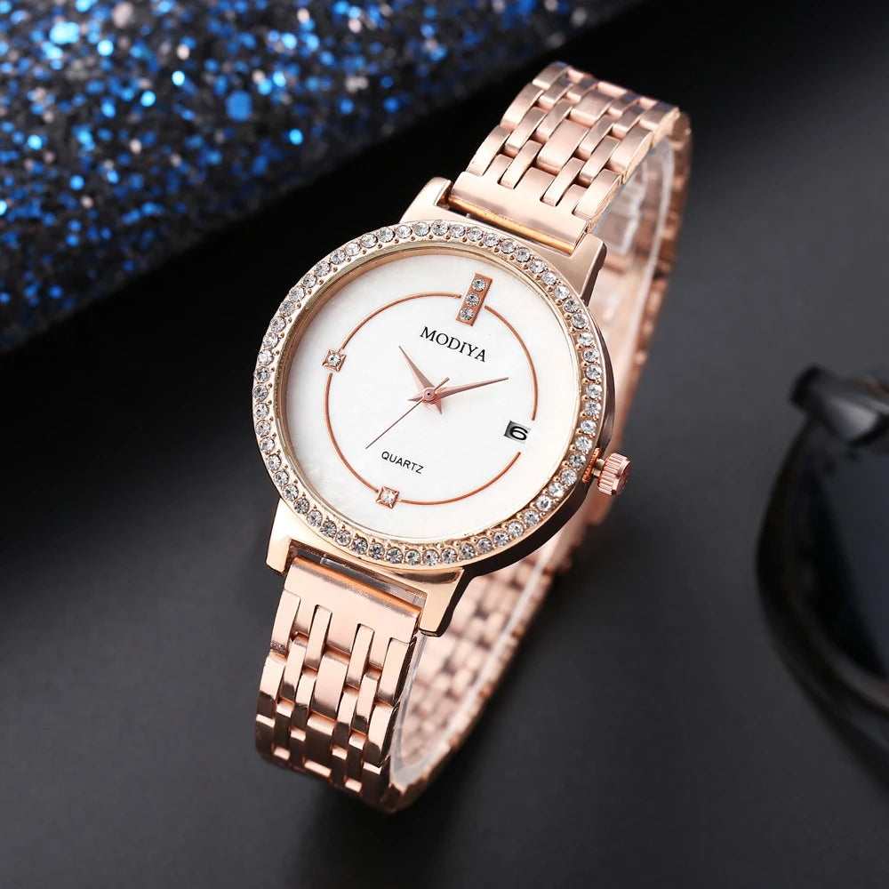 Creative Quartz Temperament Diamond-encrusted Calendar Steel Belt Women's Watch