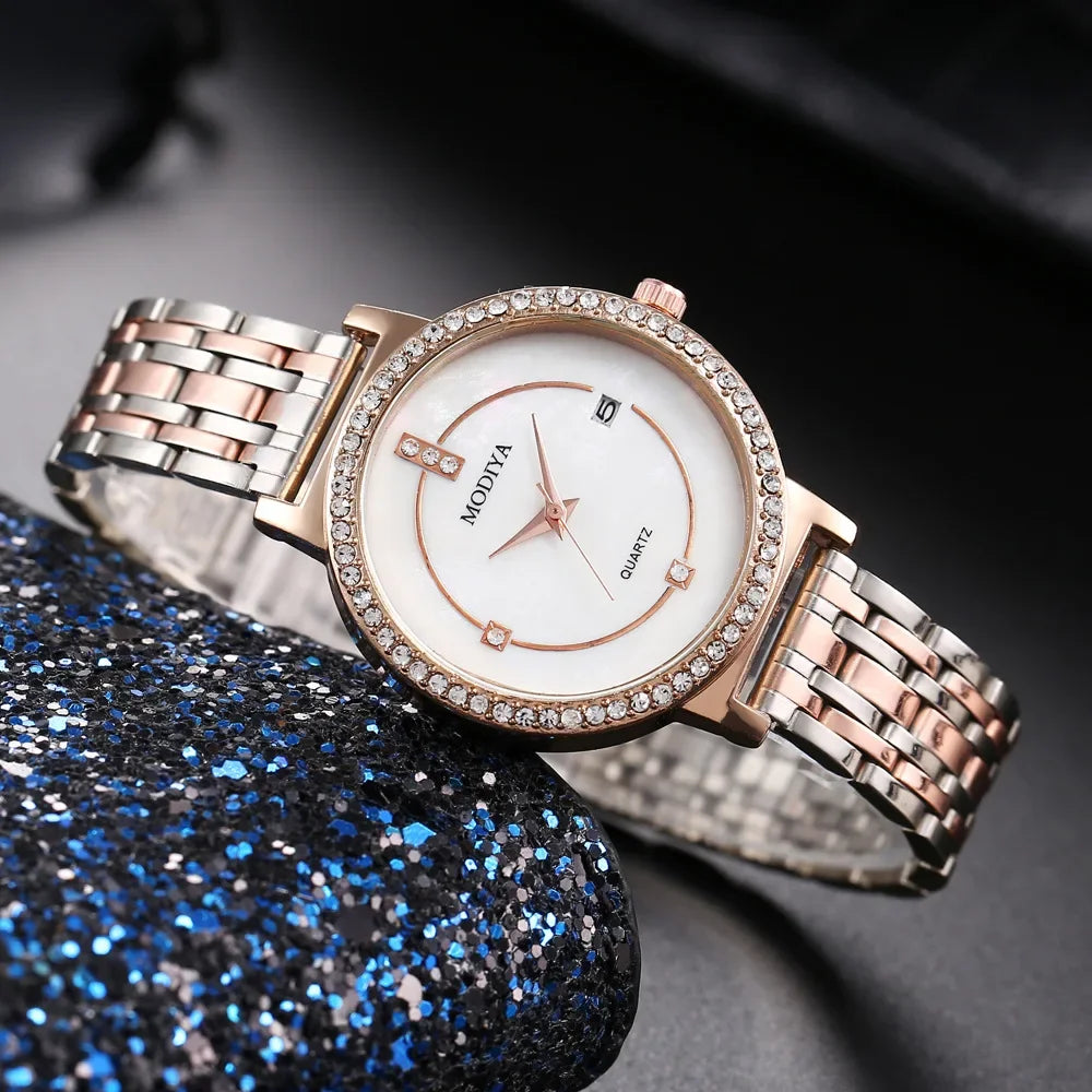 Creative Quartz Temperament Diamond-encrusted Calendar Steel Belt Women's Watch